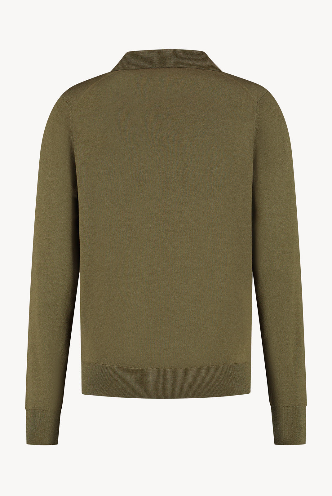 The Observer long-sleeve knitted polo in extra-fine merino wool, shown in Dark Olive, back view
