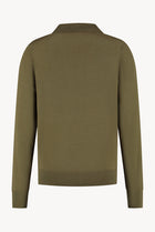 The Observer long-sleeve knitted polo in extra-fine merino wool, shown in Dark Olive, back view
