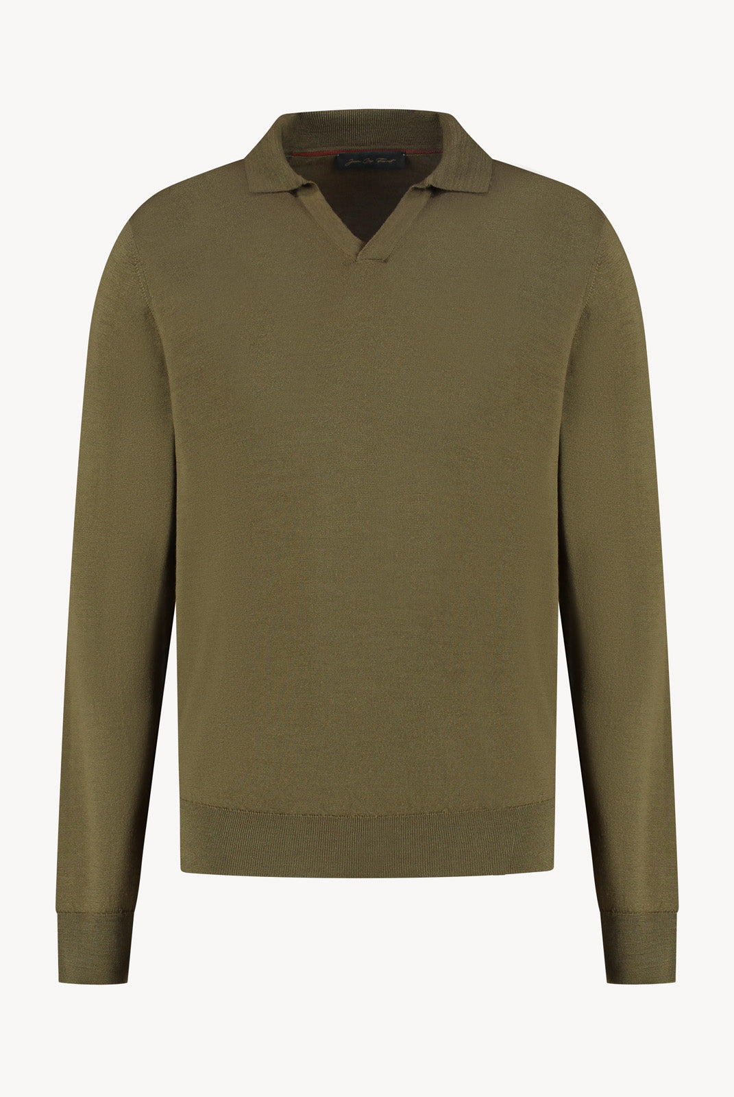 The Observer long-sleeve knitted polo in extra-fine merino wool, shown in Dark Olive, front view
