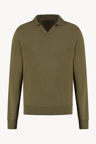 The Observer long-sleeve knitted polo in extra-fine merino wool, shown in Dark Olive, front view
