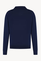 The Observer long-sleeve knitted polo in extra-fine merino wool, shown in Ink Navy, back view.
