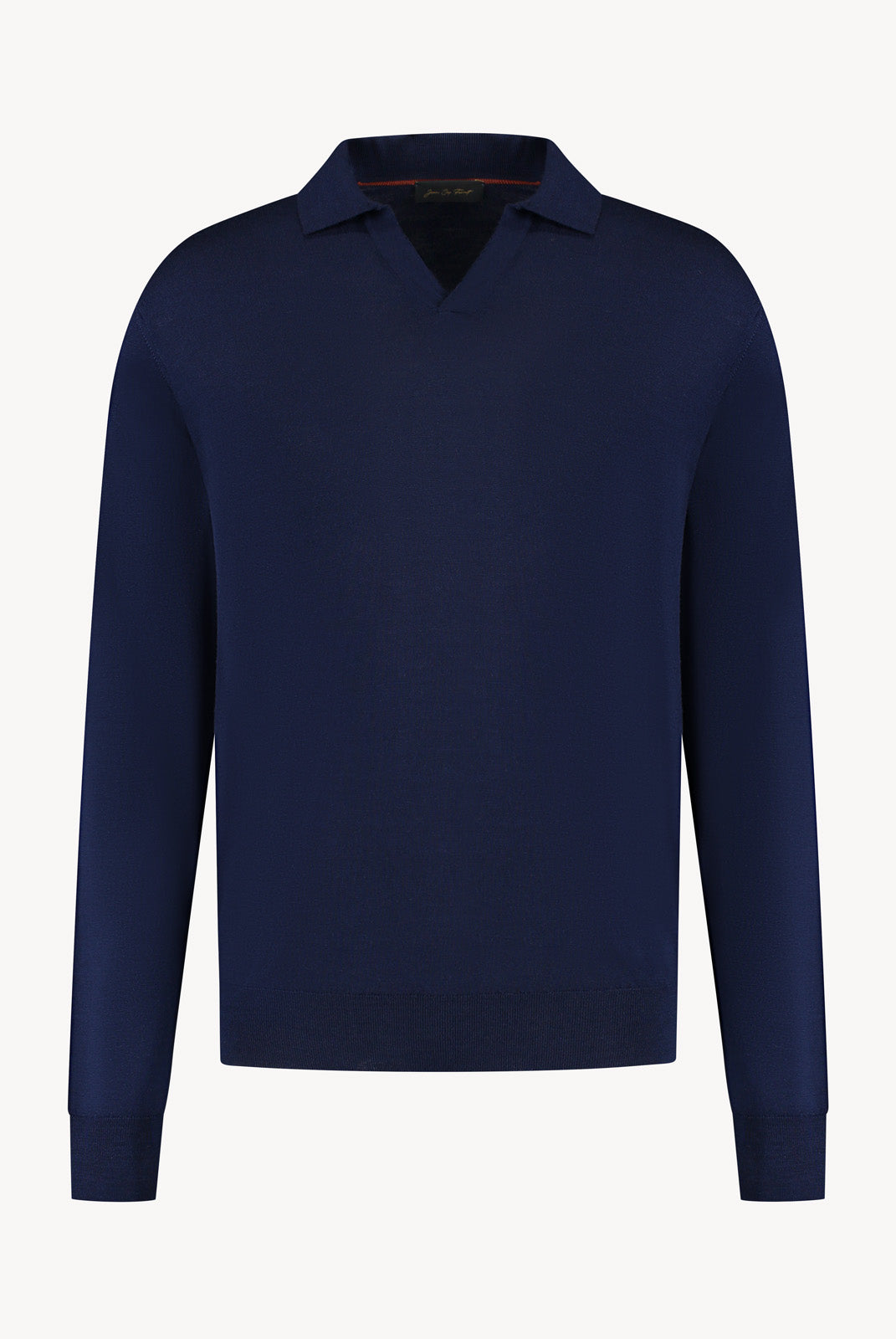 The Observer long-sleeve knitted polo in extra-fine merino wool, shown in Ink Navy, front view
