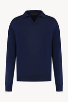 The Observer long-sleeve knitted polo in extra-fine merino wool, shown in Ink Navy, front view
