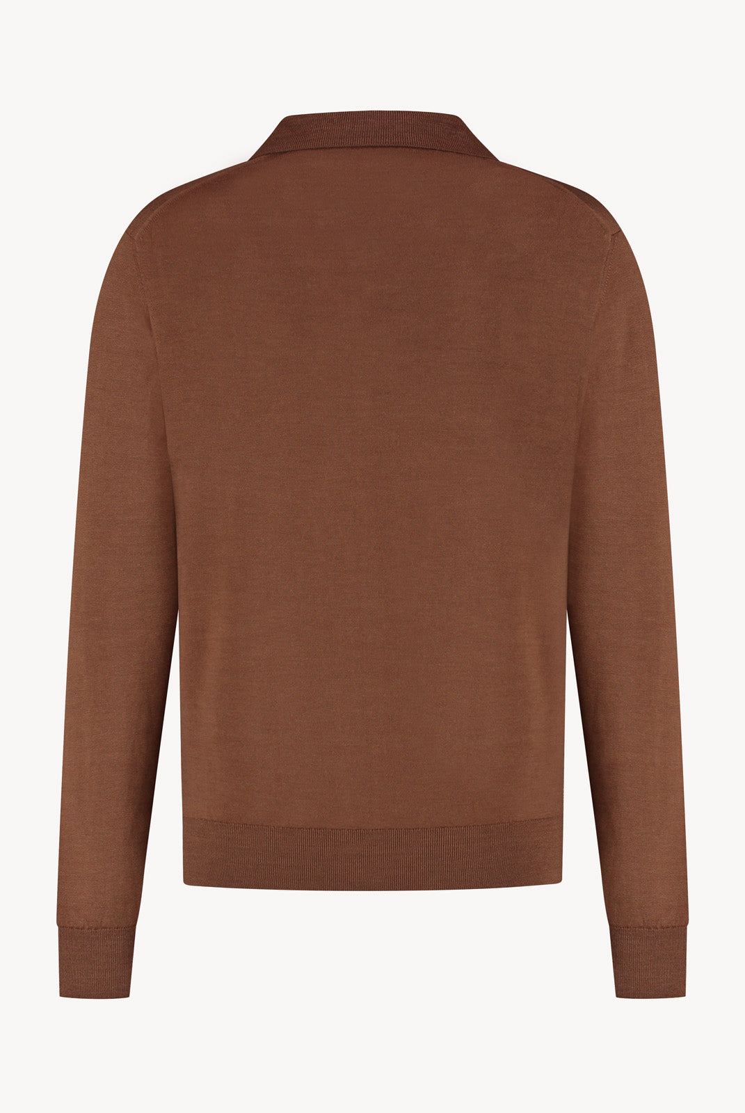 The Observer long-sleeve knitted polo in extra-fine merino wool, shown in Umber Brown, back view
