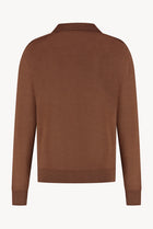 The Observer long-sleeve knitted polo in extra-fine merino wool, shown in Umber Brown, back view

